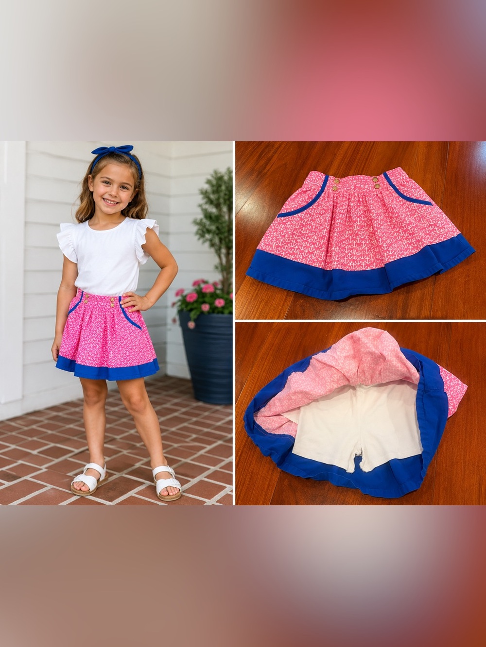 Gymboree Girls Pink Floral Skirt with Blue Trim nautical